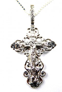 Vakkert ortodoks ornamentert sølv krusifiks kors